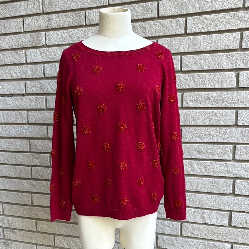 Cleo Petites Red Holiday Sweater with Raised Polka Dot Print Size M